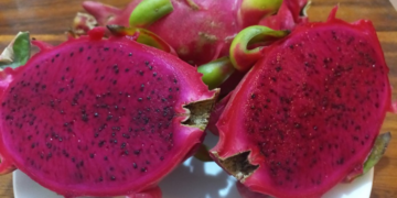 Two halves of a ripe red-fleshed dragon fruit on a white plate, showing vibrant magenta flesh dotted with tiny black seeds, with whole dragon fruits in the background.