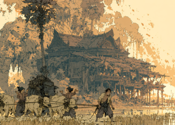 AI-generated image echoing the proverb “ប្រពន្ធពីរ គោបី ដំរីមួយ នាំឲ្យព្រួយចិត្ត,” depicting Cambodian villagers struggling to guide cows and an elephant near a large wooden house, symbolizing overwhelming responsibilities and stress