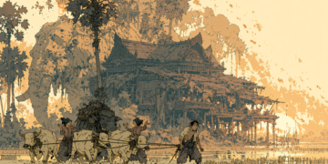 AI-generated image echoing the proverb “ប្រពន្ធពីរ គោបី ដំរីមួយ នាំឲ្យព្រួយចិត្ត,” depicting Cambodian villagers struggling to guide cows and an elephant near a large wooden house, symbolizing overwhelming responsibilities and stress