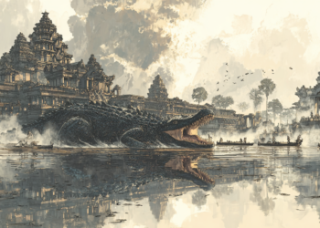 AI-generated illustration depicting the legendary giant crocodile of Neang Pov emerging from the baray at Preah Khan of Kampong Svay, surrounded by ancient Khmer temples.