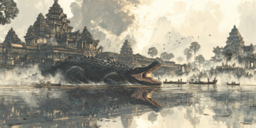 AI-generated illustration depicting the legendary giant crocodile of Neang Pov emerging from the baray at Preah Khan of Kampong Svay, surrounded by ancient Khmer temples.