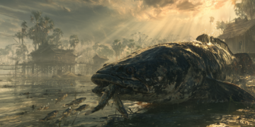 A large, dark snakehead fish lies in shallow floodwater near Cambodian stilt houses, gripping several small baby fish in its mouth as others scatter, with dramatic sun rays breaking through stormy clouds overhead
