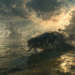 A large, dark snakehead fish lies in shallow floodwater near Cambodian stilt houses, gripping several small baby fish in its mouth as others scatter, with dramatic sun rays breaking through stormy clouds overhead