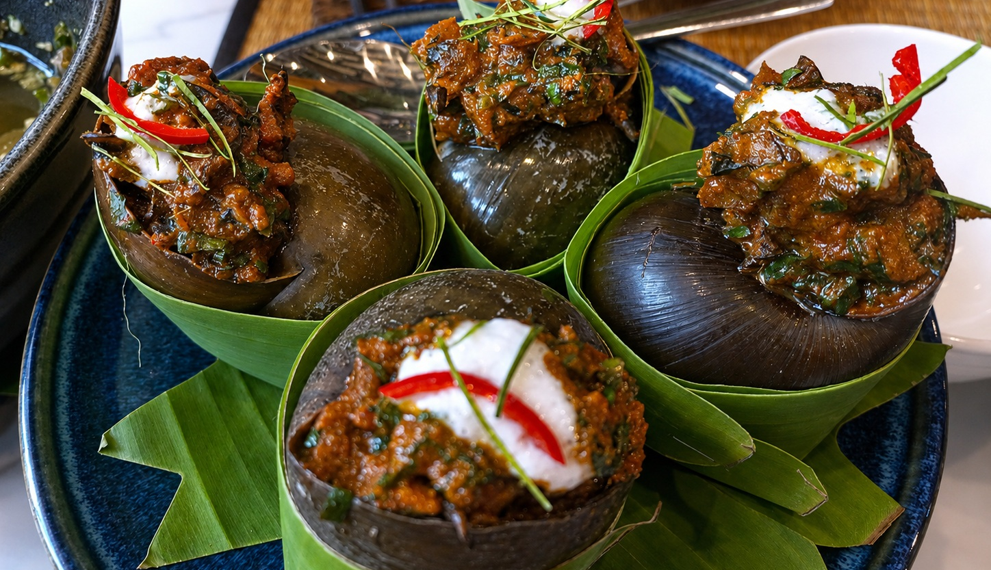 Snail amok served in large snail shells at Kraya Angkor Restaurant in Phnom Penh, featuring rich Cambodian coconut curry, fresh herbs, chili, and elegant presentation.