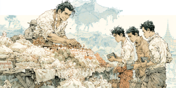 AI illustration of a Cambodian market showing higher prices hurting Khmer consumers
