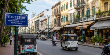 Street 19 in Phnom Penh behind the Royal Palace with shops, tuk-tuks, and colonial-style buildings