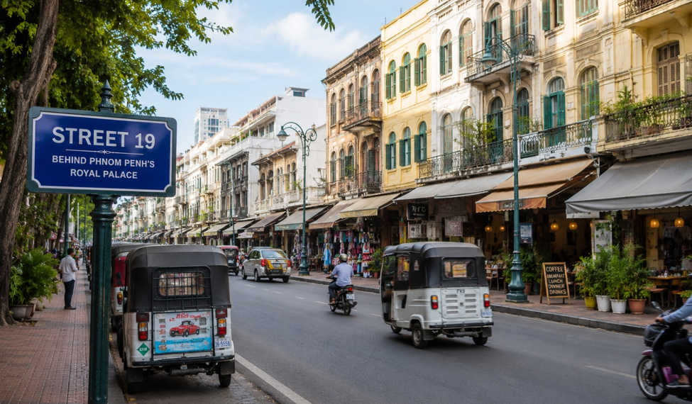 Street 19 in Phnom Penh behind the Royal Palace with shops, tuk-tuks, and colonial-style buildings