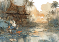 AI illustration of a Khmer folktale showing a clever rabbit escaping while a fish distracts a Cambodian farmer beside a lotus-filled pond near a traditional Khmer house.