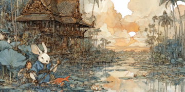AI illustration of a Khmer folktale showing a clever rabbit escaping while a fish distracts a Cambodian farmer beside a lotus-filled pond near a traditional Khmer house.