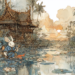 AI illustration of a Khmer folktale showing a clever rabbit escaping while a fish distracts a Cambodian farmer beside a lotus-filled pond near a traditional Khmer house.