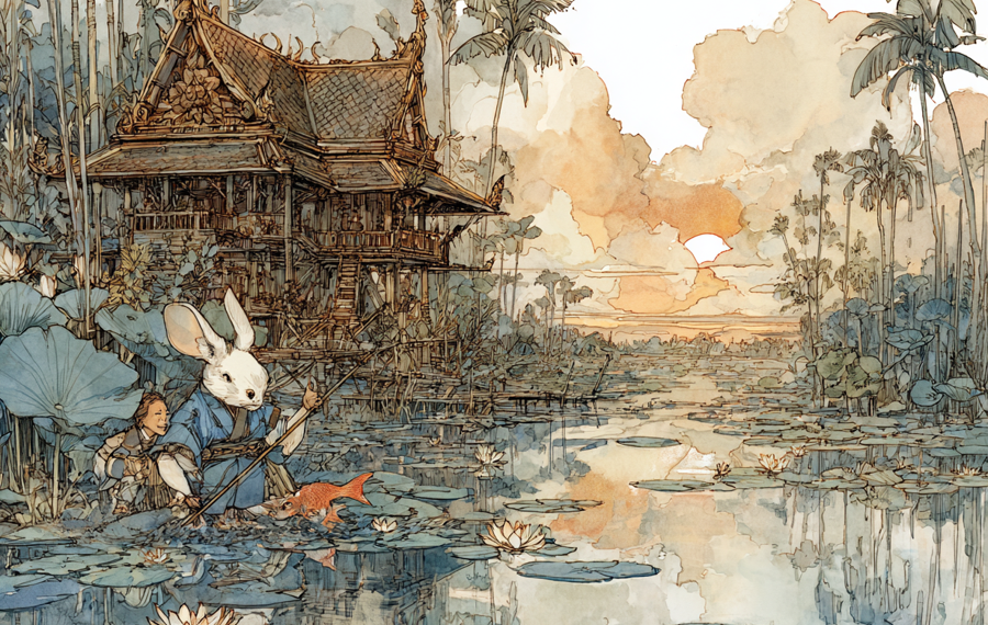 AI illustration of a Khmer folktale showing a clever rabbit escaping while a fish distracts a Cambodian farmer beside a lotus-filled pond near a traditional Khmer house.