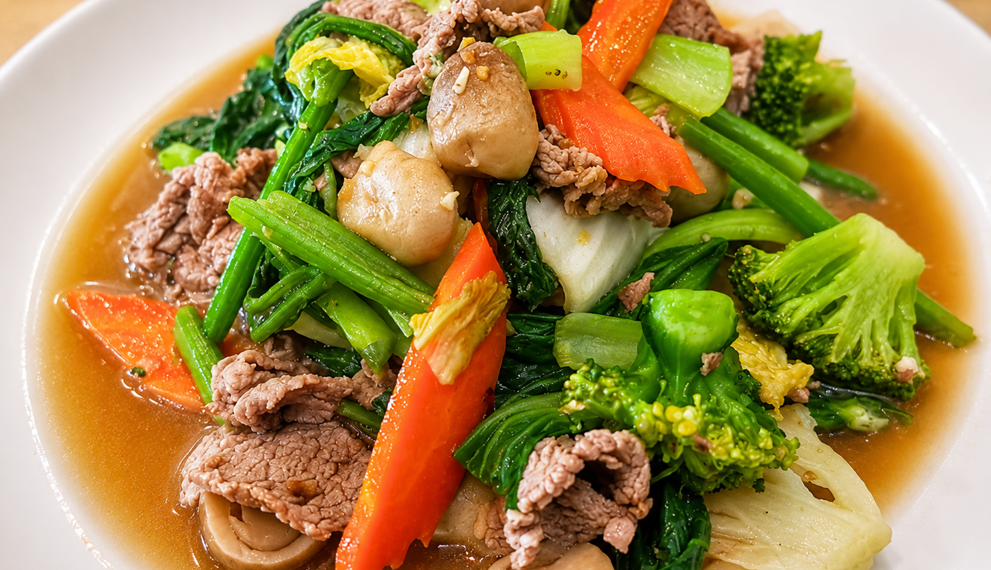 Sautéed vegetables with pork in a light savory sauce, a traditional Cambodian home-style dish featuring fresh greens, mushrooms, carrots, and broccoli.
