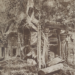Archival sepia photograph of Ta Prohm temple at Angkor, showing a ruined stone sanctuary engulfed by jungle, with massive tree roots draped over carved walls and scattered blocks in the foreground.
