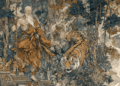 AI-generated illustration in the style of a traditional Khmer temple mural, depicting an elderly hermit with a long white beard facing an ungrateful tiger in a lush Cambodian forest, inspired by the classic Khmer folktale “The Good Hermit and the Ungrateful Tiger.”