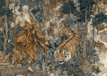 AI-generated illustration in the style of a traditional Khmer temple mural, depicting an elderly hermit with a long white beard facing an ungrateful tiger in a lush Cambodian forest, inspired by the classic Khmer folktale “The Good Hermit and the Ungrateful Tiger.”