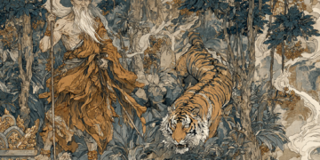 AI-generated illustration in the style of a traditional Khmer temple mural, depicting an elderly hermit with a long white beard facing an ungrateful tiger in a lush Cambodian forest, inspired by the classic Khmer folktale “The Good Hermit and the Ungrateful Tiger.”