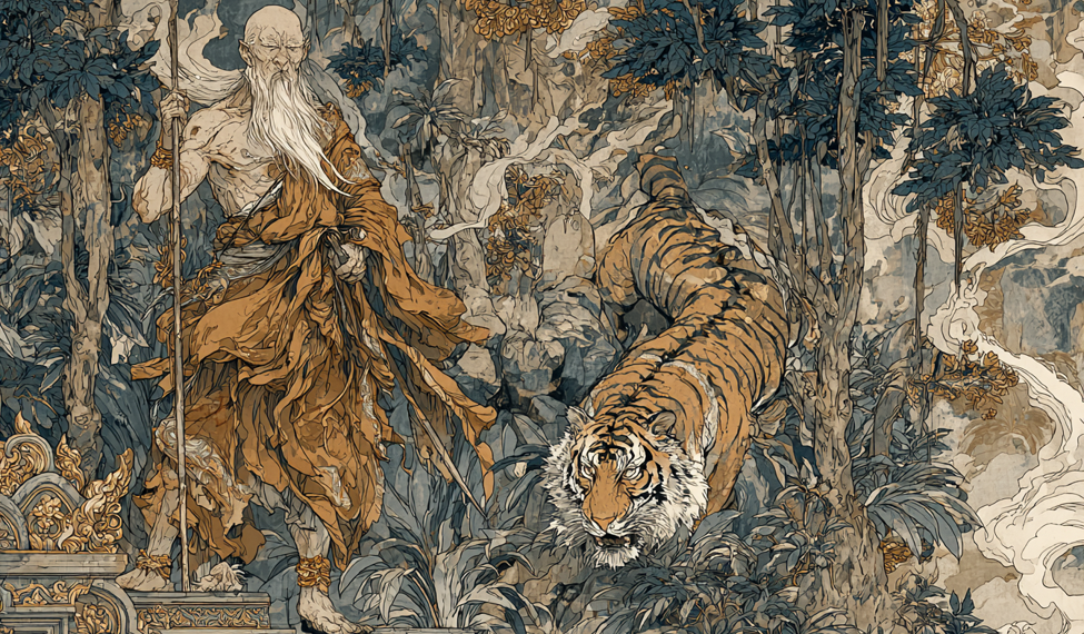 AI-generated illustration in the style of a traditional Khmer temple mural, depicting an elderly hermit with a long white beard facing an ungrateful tiger in a lush Cambodian forest, inspired by the classic Khmer folktale “The Good Hermit and the Ungrateful Tiger.”