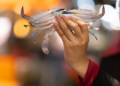 A hand holds a fresh blue swimming crab against the softly blurred lights of Kep’s seafood market, capturing the vibrant atmosphere of Cambodia's coastal fishing community. Photo by Aurélie Fischer, courtesy of Art for Kep.