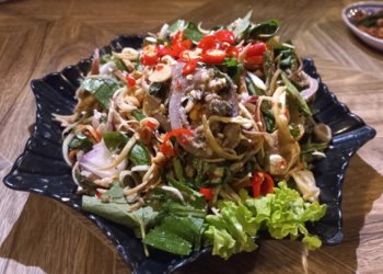 Cambodian beef innards salad with herbs, vegetables, peanuts, and red chilies served on a black plate in Kampong Thom.