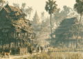 AI-generated illustration of the Khmer proverb "ឆ្កែព្រូសមិនដែលខាំ" showing a Cambodian village with traditional wooden houses, a barking dog beside a rural path, palm trees, and villagers continuing calmly, symbolizing that loud threats rarely lead to action.