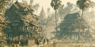 AI-generated illustration of the Khmer proverb "ឆ្កែព្រូសមិនដែលខាំ" showing a Cambodian village with traditional wooden houses, a barking dog beside a rural path, palm trees, and villagers continuing calmly, symbolizing that loud threats rarely lead to action.