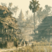 AI-generated illustration of the Khmer proverb "ឆ្កែព្រូសមិនដែលខាំ" showing a Cambodian village with traditional wooden houses, a barking dog beside a rural path, palm trees, and villagers continuing calmly, symbolizing that loud threats rarely lead to action.