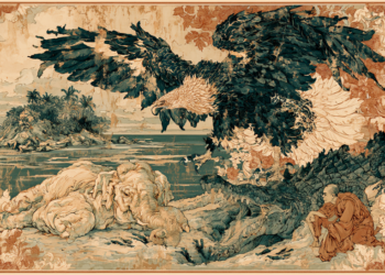 Illustration of a Khmer folktale showing an eagle and crocodile disputing an elephant on a tropical Cambodian island, with a hermit judging the case.