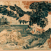 Illustration of a Khmer folktale showing an eagle and crocodile disputing an elephant on a tropical Cambodian island, with a hermit judging the case.