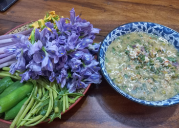 Cambodian shrimp dipping sauce, ទឹកគ្រឿងបង្គា, served with fresh herbs and vegetables