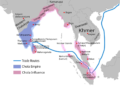 Map showing the Chola Empire and its maritime trade routes across South and Southeast Asia, including Angkor and the Khmer Empire around 1030 CE.
