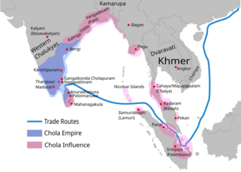 Map showing the Chola Empire and its maritime trade routes across South and Southeast Asia, including Angkor and the Khmer Empire around 1030 CE.