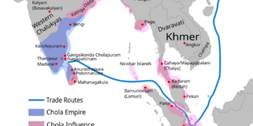Map showing the Chola Empire and its maritime trade routes across South and Southeast Asia, including Angkor and the Khmer Empire around 1030 CE.