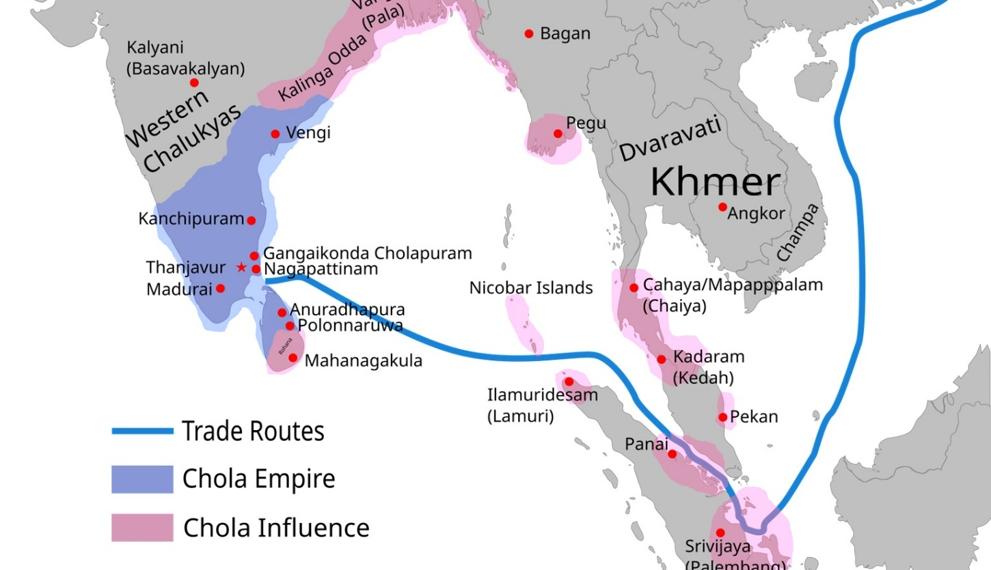 Map showing the Chola Empire and its maritime trade routes across South and Southeast Asia, including Angkor and the Khmer Empire around 1030 CE.