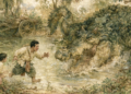 AI-generated illustration inspired by a traditional Khmer folktale, showing a Cambodian father and son encountering a wounded crocodile beside their ox cart in a tropical forest