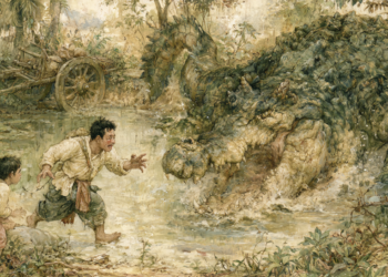 AI-generated illustration inspired by a traditional Khmer folktale, showing a Cambodian father and son encountering a wounded crocodile beside their ox cart in a tropical forest