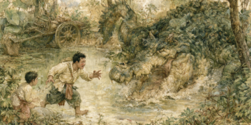 AI-generated illustration inspired by a traditional Khmer folktale, showing a Cambodian father and son encountering a wounded crocodile beside their ox cart in a tropical forest