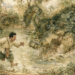 AI-generated illustration inspired by a traditional Khmer folktale, showing a Cambodian father and son encountering a wounded crocodile beside their ox cart in a tropical forest