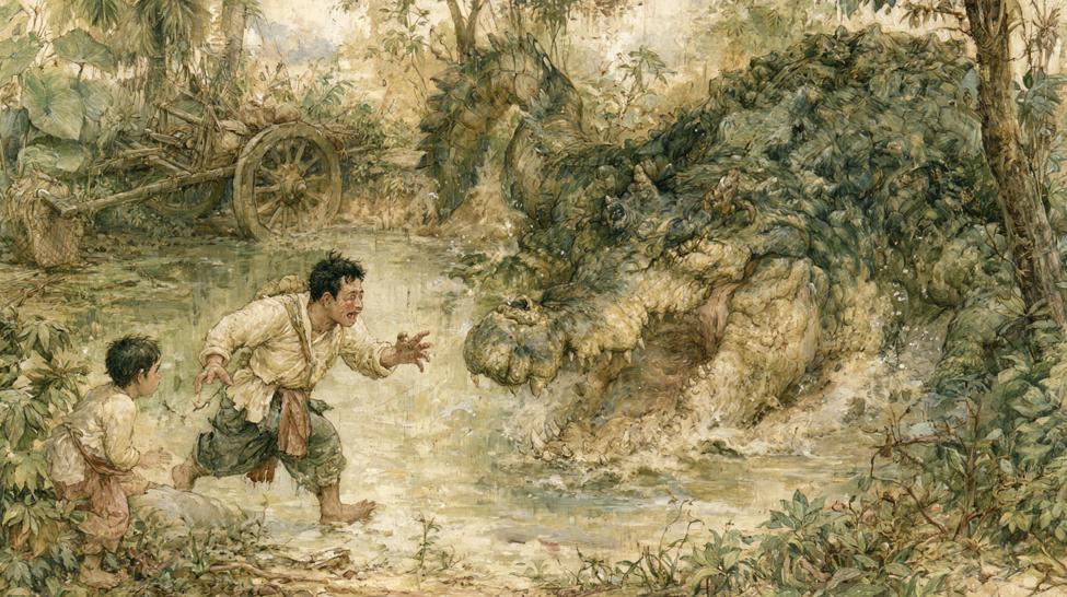 AI-generated illustration inspired by a traditional Khmer folktale, showing a Cambodian father and son encountering a wounded crocodile beside their ox cart in a tropical forest