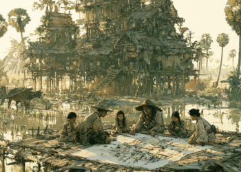 AI-generated illustration depicting a Cambodian family gathered around architectural plans in a rural village, discussing the design of a traditional stilt house that reflects the proverb សង់ផ្ទះតាមចិត្តអ្នកនៅ, emphasizing homes built to suit the needs of their inhabitants.