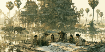 AI-generated illustration depicting a Cambodian family gathered around architectural plans in a rural village, discussing the design of a traditional stilt house that reflects the proverb សង់ផ្ទះតាមចិត្តអ្នកនៅ, emphasizing homes built to suit the needs of their inhabitants.