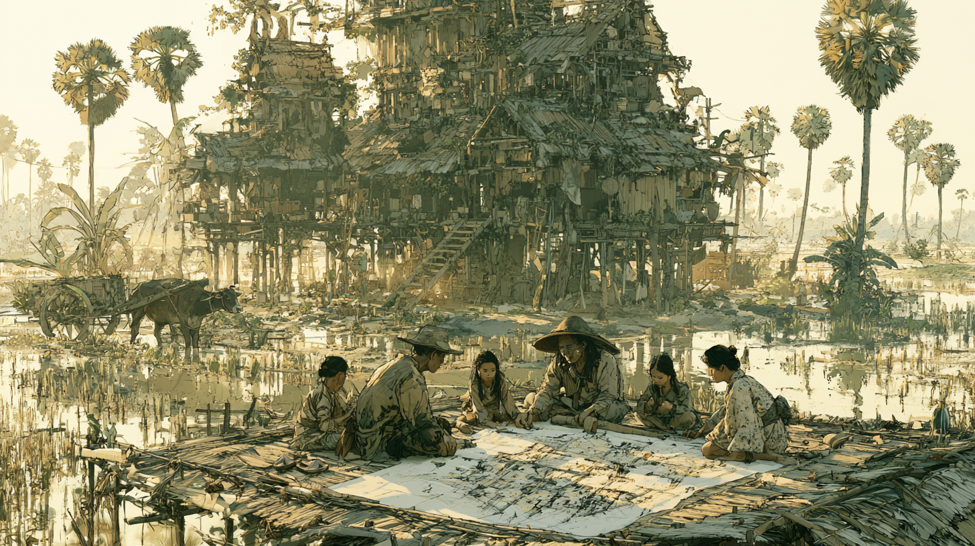AI-generated illustration depicting a Cambodian family gathered around architectural plans in a rural village, discussing the design of a traditional stilt house that reflects the proverb សង់ផ្ទះតាមចិត្តអ្នកនៅ, emphasizing homes built to suit the needs of their inhabitants.