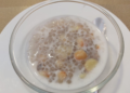 Tapioca lotus seed dessert with coconut cream served at Banteay Srey restaurant in Phnom Penh, Cambodia.