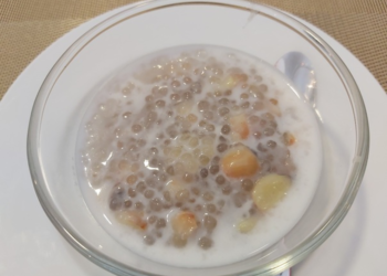 Tapioca lotus seed dessert with coconut cream served at Banteay Srey restaurant in Phnom Penh, Cambodia.