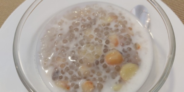 Tapioca lotus seed dessert with coconut cream served at Banteay Srey restaurant in Phnom Penh, Cambodia.