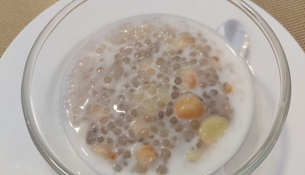 Tapioca lotus seed dessert with coconut cream served at Banteay Srey restaurant in Phnom Penh, Cambodia.