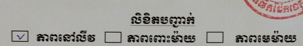 Close-up of a Cambodian administrative form listing civil status options, including នៅលីវ (single), ភាពមេម៉ាយ (widow or divorcee), and ភាពពោះម៉ាយ (widower or divorced man), with the "single" box checked.