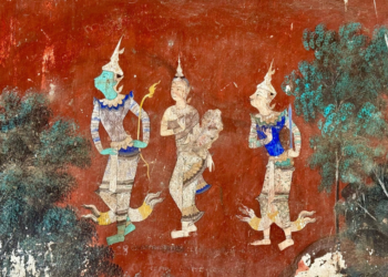 Khmer mural at the Silver Pagoda in Phnom Penh depicting Preah Ream, Neang Seda, and Preah Leak from the Reamker.
