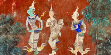 Khmer mural at the Silver Pagoda in Phnom Penh depicting Preah Ream, Neang Seda, and Preah Leak from the Reamker.