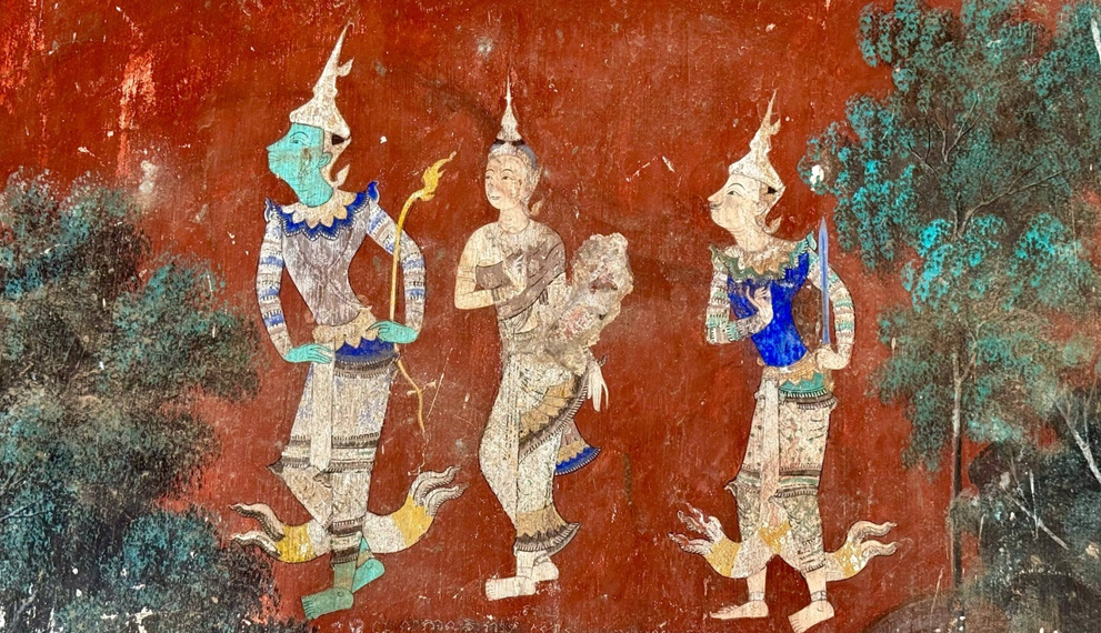 Khmer mural at the Silver Pagoda in Phnom Penh depicting Preah Ream, Neang Seda, and Preah Leak from the Reamker.