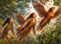 AI-generated illustration of three sisters transforming into reddish-brown birds beside a forest pond in a Khmer folktale.